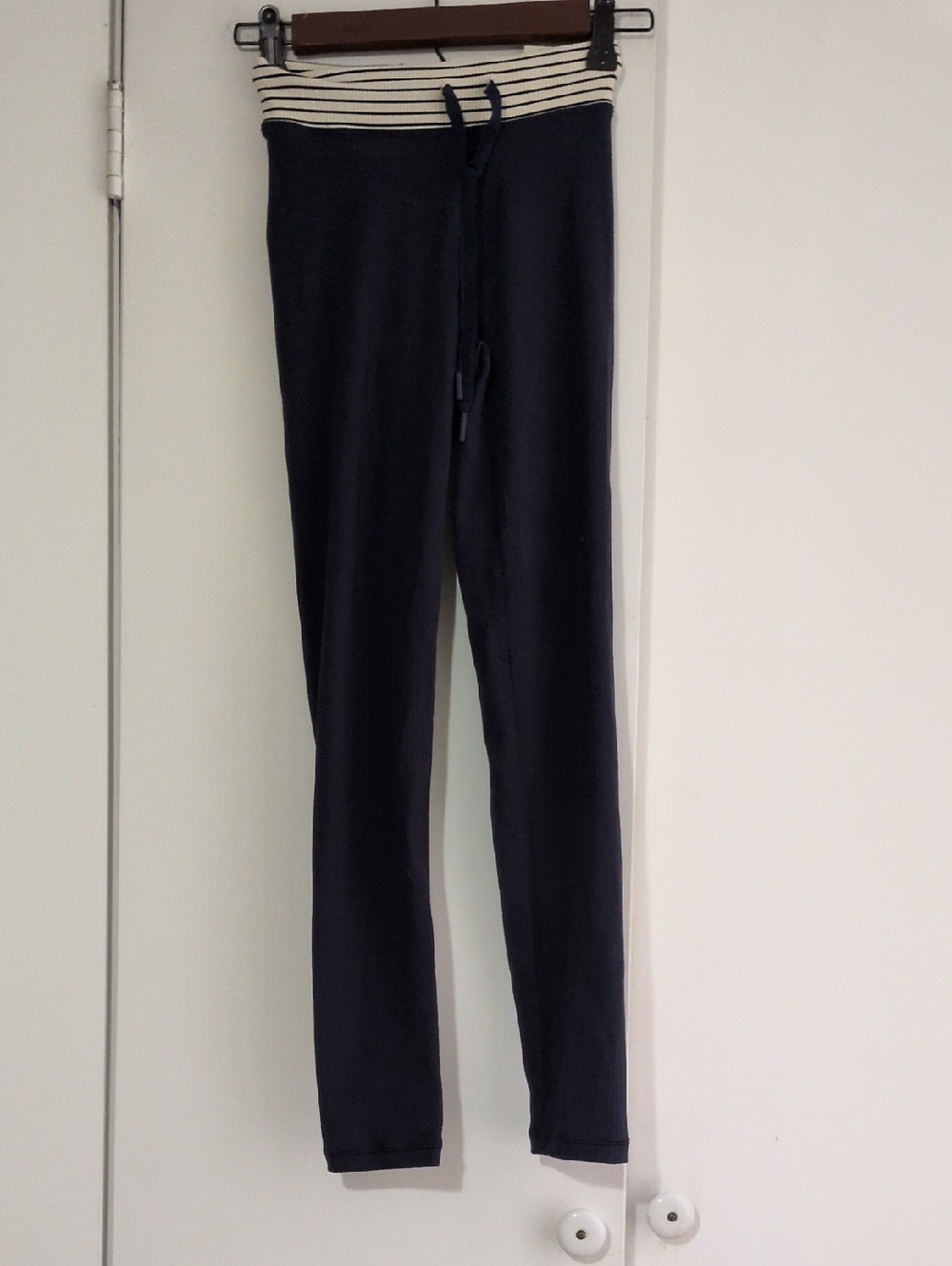 aerie Navy Leggings with Cream and Navy Striped Foldover Waistband
